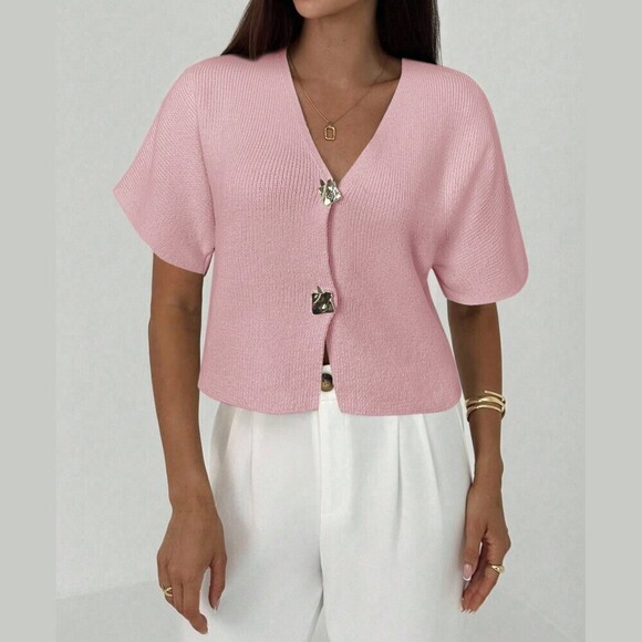 Sweaters - Pink Ribbed Knit Cardigan with Statement Button Closure